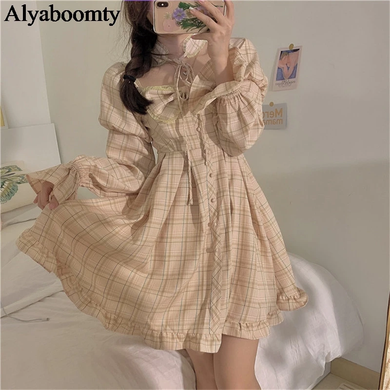 

New Japanese Lolita Style Autumn Women Princess Dress Square Collar Plaid Bow Fairy Dress Puff Sleeve Cute Kawaii Ruffles Dress