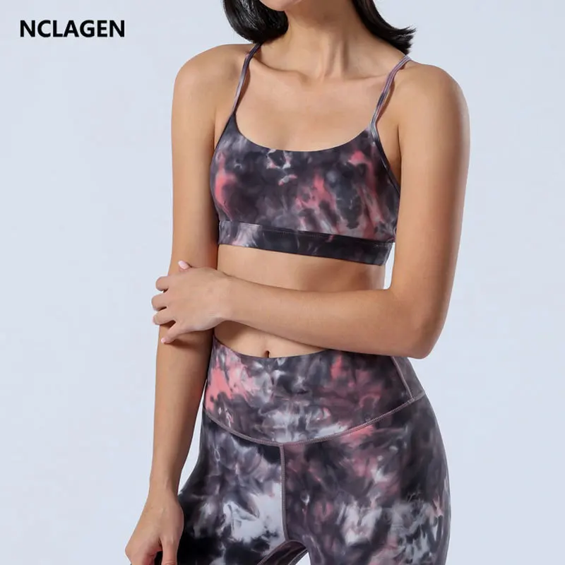 

NCLAGEN Yoga Bra Sports High Support Impact Padded Tie Dye Crop Top Women Push-up Halter Elastic Sexy Vest Gym Workout Underwear