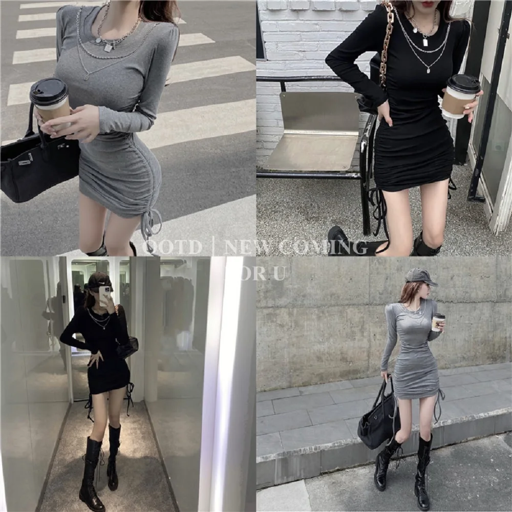 

Autumn and Winter 2020 Korean Hot Selling Sexy Girl's Female Pleated Chain Embellishment Drawstring Hip Women's Dress