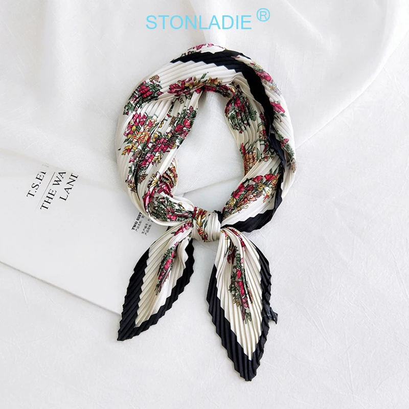 Spring New Designer Pleated Satin Silk Scarf For Women Euro Elegant Neckerchief Fashionable Printing Kerchief Tie Ladies |
