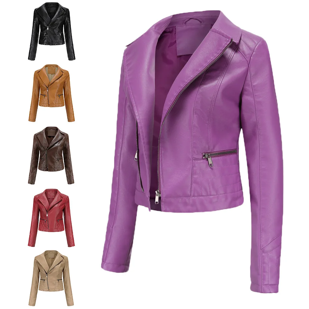 

2021 Spring Autumn Ladies Motorcycle Leather Jackets Women Turn-down Collar Zipper Slim Black Moto & Biker Jacket Female