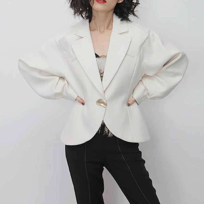 

SeeBeautiful New Fashion Spring 2021 Simple Notched Collar Long Sleeve One Button Stitching Loose Coat Single Suit Women Q726