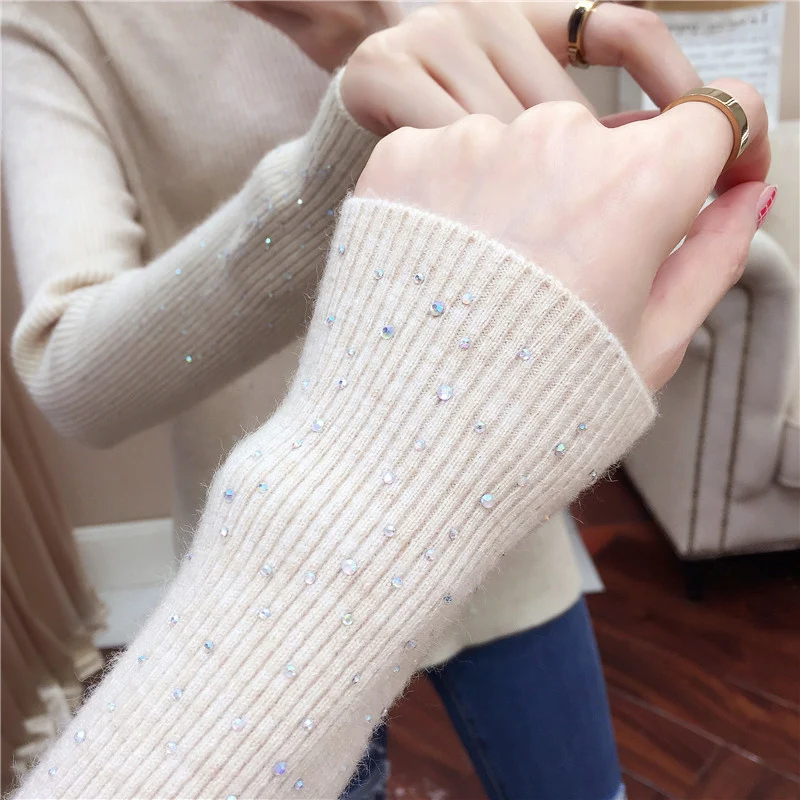 

2020 spring new high necked sweater women's pullover, hot drill, shiny, foreign air, built-in knitted sweater-jd1542545