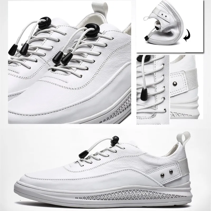 Mens White Shoes Fashion Leather Casual for Man Lace Up 2021 New Rubber Sole Non-slip Breathable Soft Flats Male Footwear | Обувь