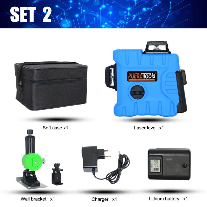 SET 2 PUERCI P7CG 12 линий 3D уровень самонивелирующийся 360 горизонтальный и вертикальный крест супер мощный зеленый лазерный луч линии - Цвет: SET 2