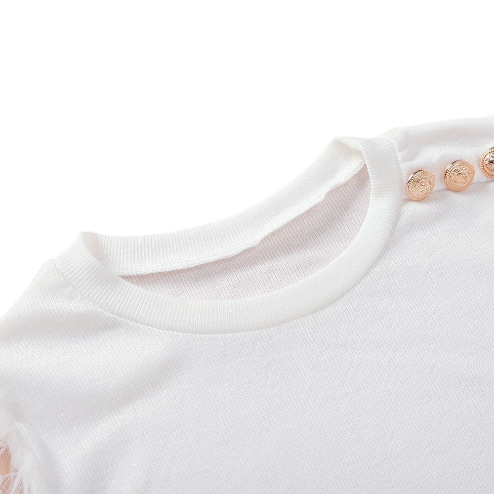 

Puff Mesh Sleeve Crop Top 2020 Summer Elegant Buttoned Solid Color High Streetwear OL T-shirt