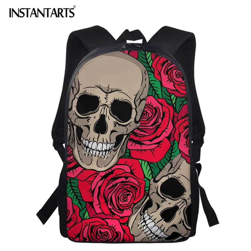 

INSTANTARTS Boys Teenagers Harajuku Backpacks Vintage Rose Skull Printed Unisex Schoolbag Middle School Students Light Daypacks