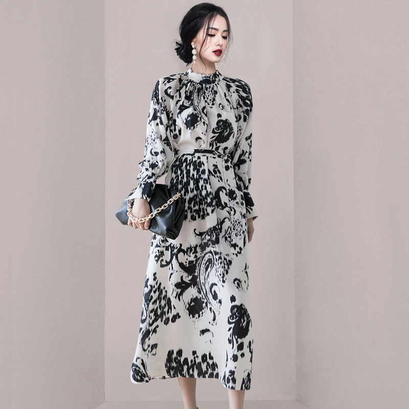 

2022 Spring New Stand Collar Women Full Sleeve Dress Elegant Hit Color Female Lace-Up Printed Midi Dress Vestidos