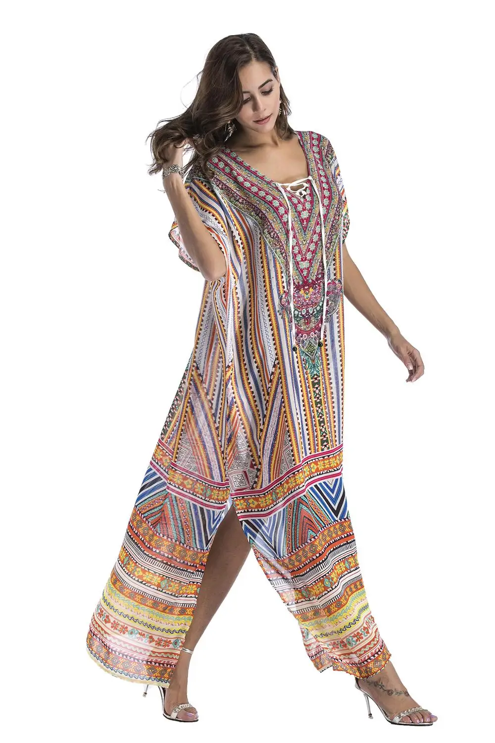 

Linglewei New Spring and Summer Women's Dress Chiffon Beach Print Plus Size Diamonds vintage V-Neck Batwing Sleeve dress