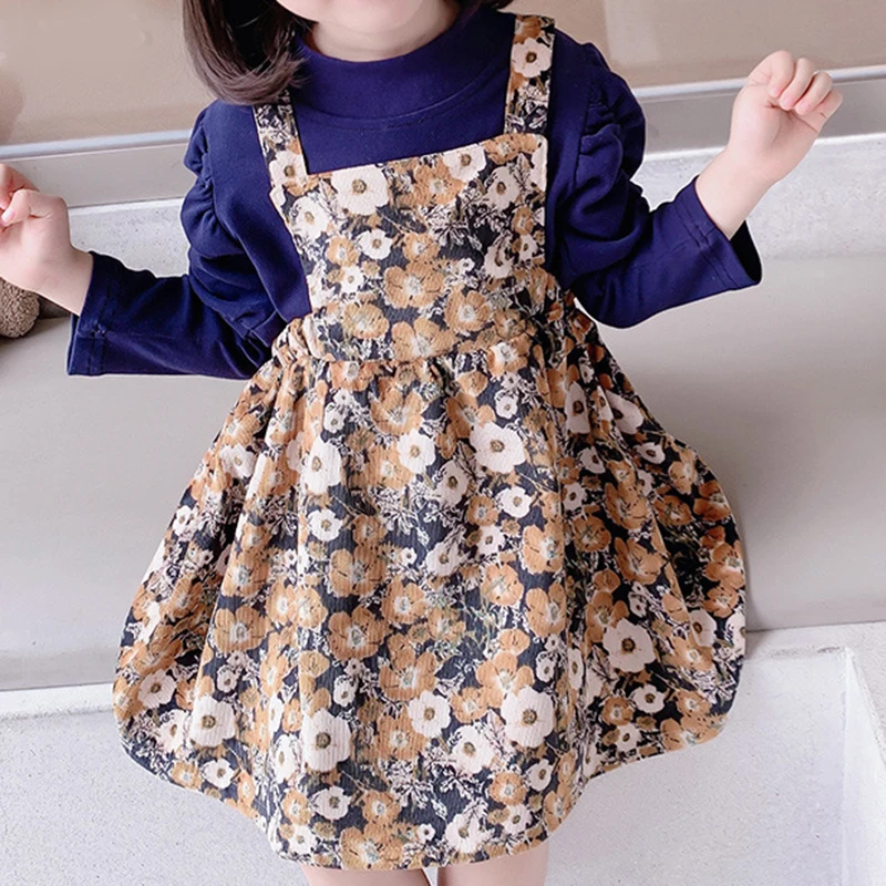 

2021 New Spring Autumn Princess Long-Sleeved Top+Sling Floral Dress 2Pcs Kid Clothes Girl Set Children Dress For 2-6 Years
