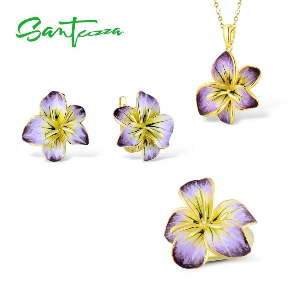 

SANTUZZA Jewelry Set for Women 925 Sterling Silver Blooming Flower Pendant Earrings Ring Set Party Fine Jewelry Handmade Enamel