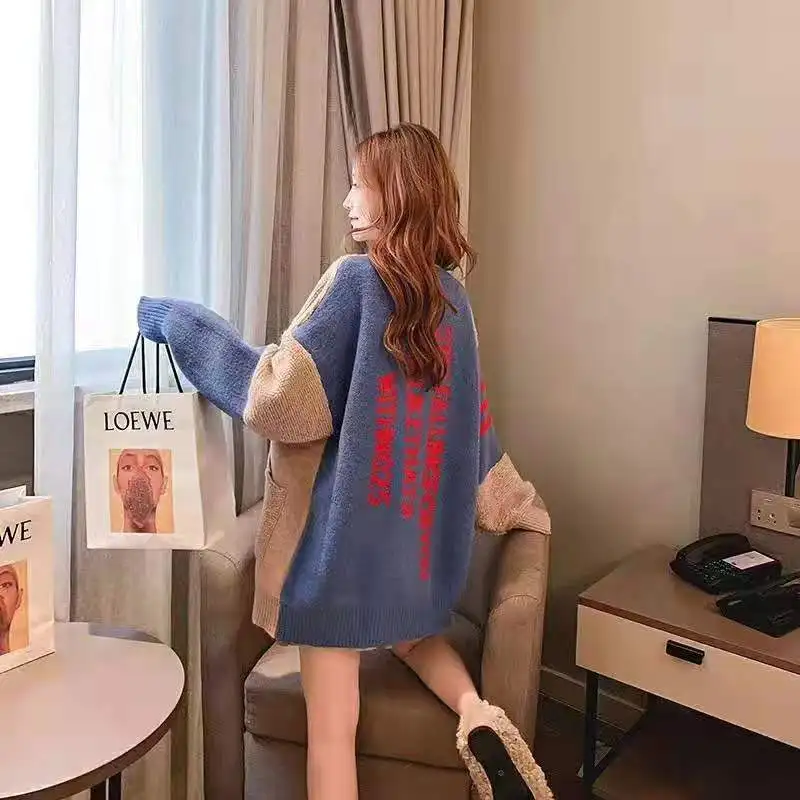 Женский Повседневный вязаный кардиган с v-образным вырезом и буквенным принтом