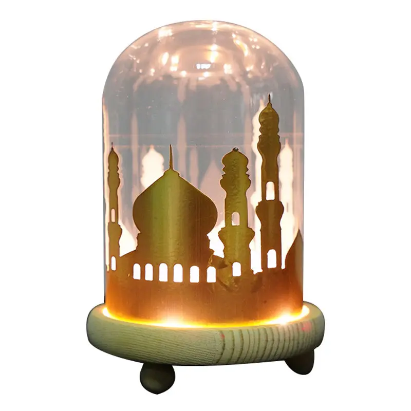 

Beauty And The Beast Mosque In A Glass Dome On A Wooden Base For Eid Mubarak Gifts LED Ramadan Lamps Eid Al-Fitr Decoration