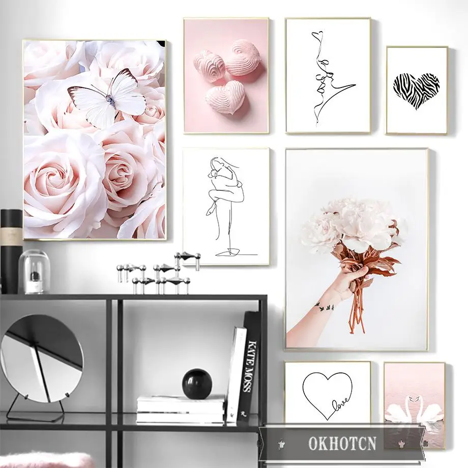 

Белая бабочка розовый цветок лебедь Картина на холсте поцелуй две линии Рисование плакаты и печать на стене картины в скандинавском стиле