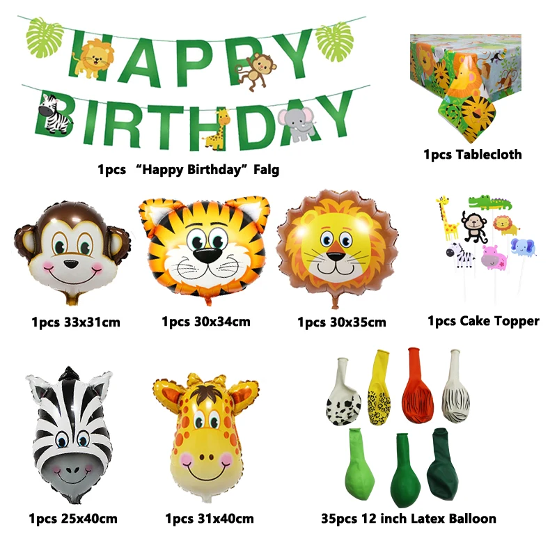 

2021 New Jungle Safari Birthday Party Balloon Garland Animal Banner Cake Topper Tablecloth Anniversaire Jungle Party Decoration