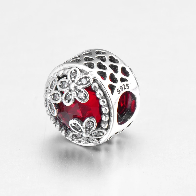 Charming round 925 Sterling Silver dazzling flower shiny red CZ fine Bead Fit Original European Charm Bracelet Jewelry making | Украшения и