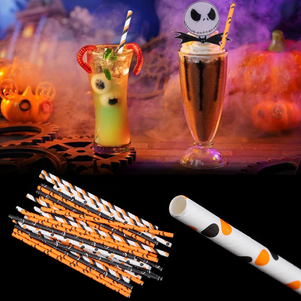 

25Pcs Halloween Drinking Straws For Festival Wedding Bar Supplies Skull Pumpkin Bat Ghost Paper Straws Disposable Party Straws