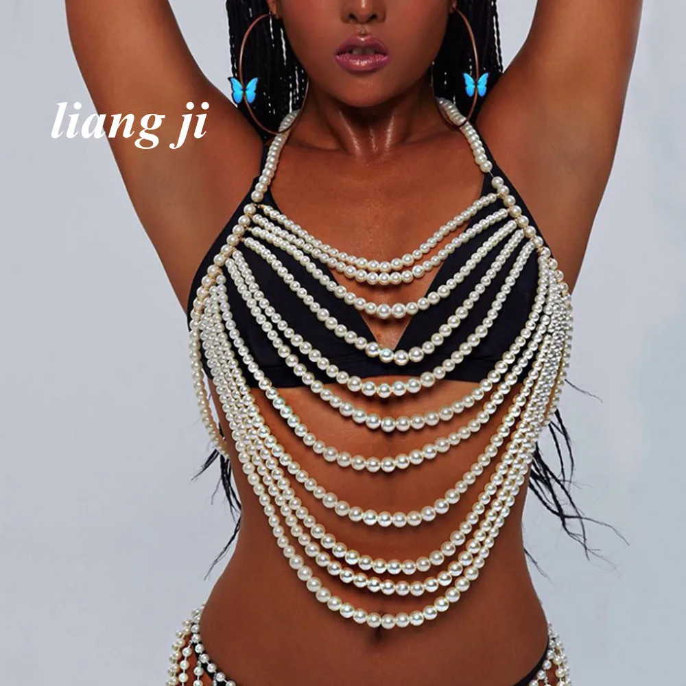 

Chest Chain Sexy Bikini Lmitation Pearl Multilayer Bra Chain Waist Chain Abdominal Chain Body Chain Beach Outfit Necklace