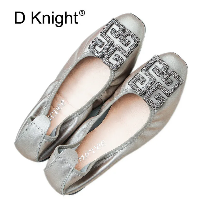 Genuine Leather Women Flats Spring Summer Slip-On Flat Shoes Square Toe Sapato Feminino Drop-shipping Rhinestone Women Ballerina