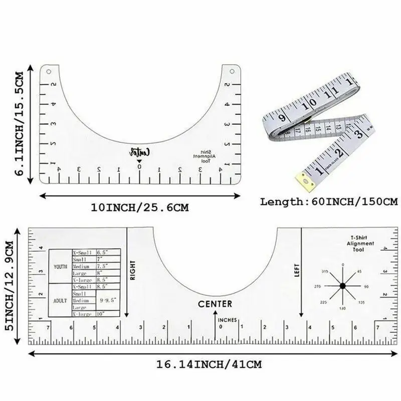 

3pcs Acrylic Round Neck T-Shirt Guide Ruler Vinyl Rulers Alignment Sewing Multi-Purpose Painting Ruler