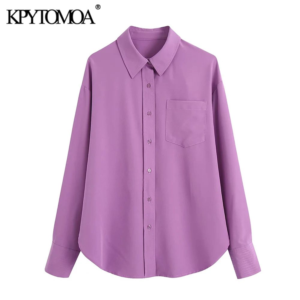 

KPYTOMOA Women 2021 Fashion With Topstiitched Loose Poplin Blouses Vintage Long Sleeve Patch Pockets Female Shirts Chic Tops