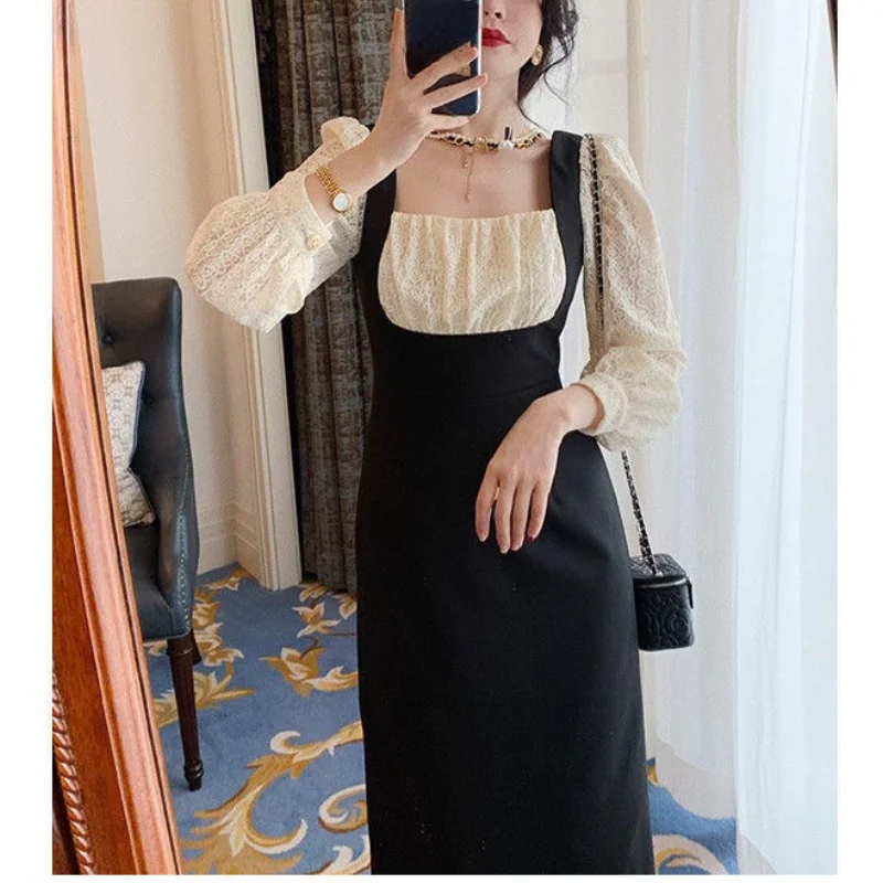 

2021 Autumn Lace Vintage Black Midi Dress Korean Chic Women Sweet Elegant Evening Party Dress Female Casual Slim One Piece Dress