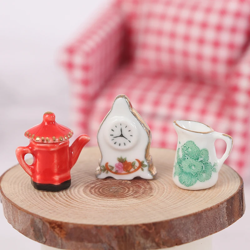 

3pcs/set Dollhouse Miniature Floral Pattern Teapot +Clock Set Kitchen Furniture
