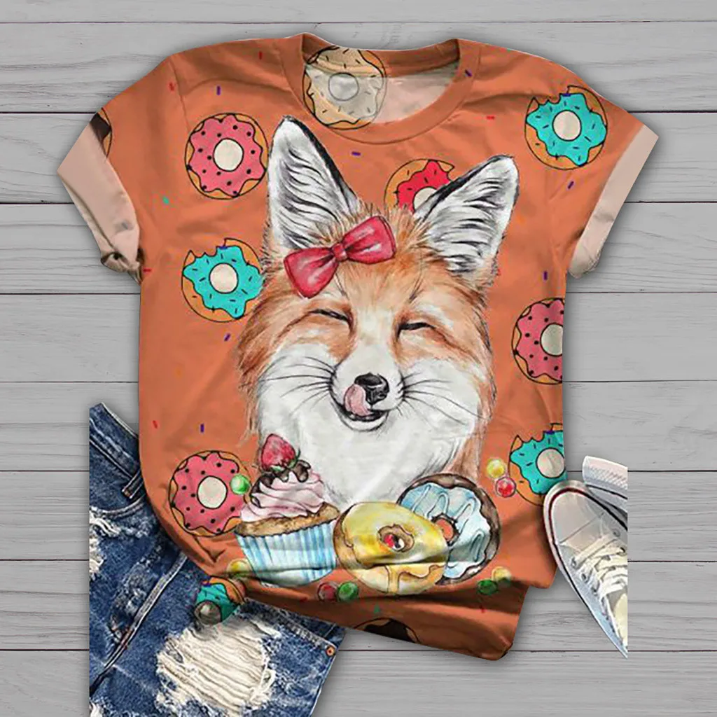 Женская футболка с коротким рукавом круглым вырезом и принтом лисы большие