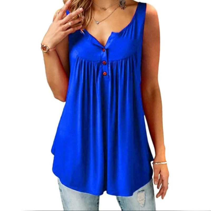 

Summer Women Casual T-shirt Solid Color Loose Large Size Sleeveless Mid-length Buttoned Vest JL
