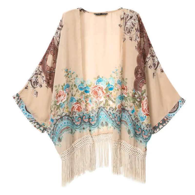 Винтаж для женщин цветочный принт кимоно кардиган этнический стиль рукав