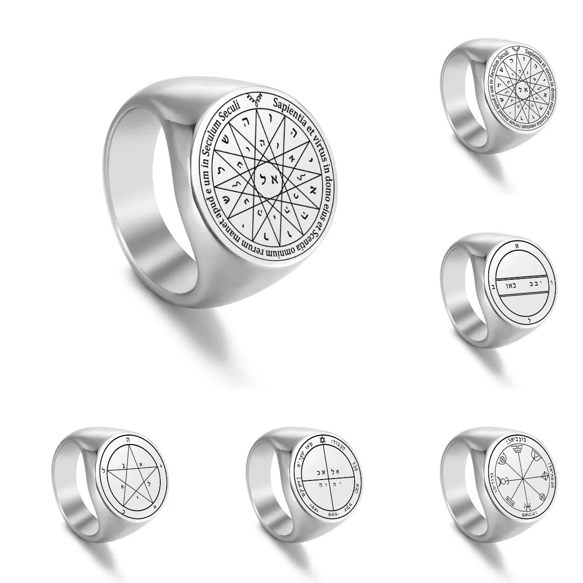 

Key of Solomon Mercury Pentacles Rings Stainless Steel Seal of The Seven Archangels Ring Amulet Male Female Couple Rings Jewelry