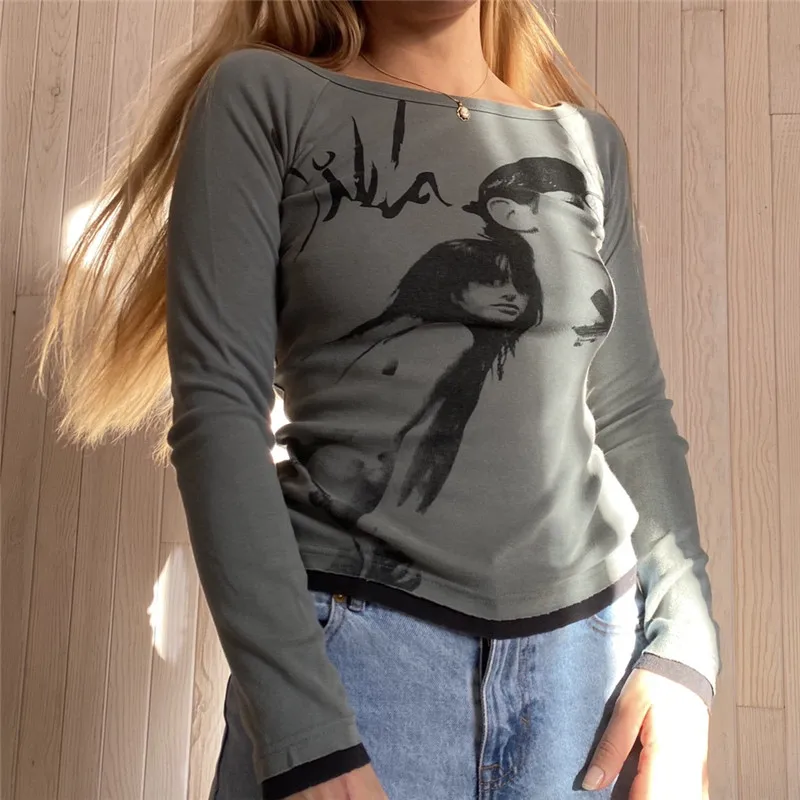 

Укороченный топ для девочек с рисунком лица Y2K Grunge, Готическая Осенняя тонкая футболка с длинными рукавами, женские повседневные серые футб...