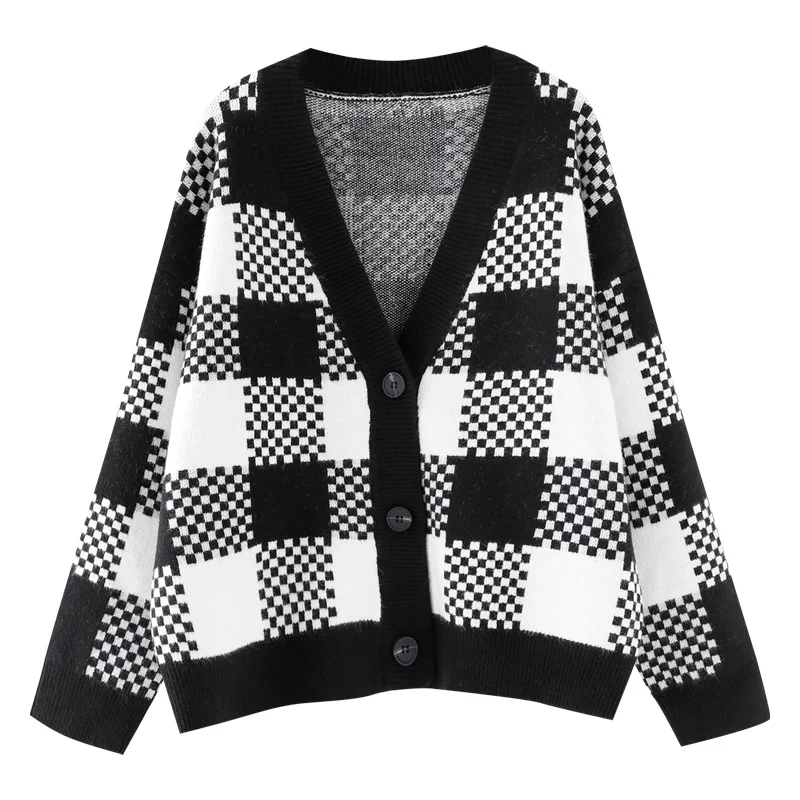 

Cmaz Black and White Plaid Knitted Sweater Cardigan Coat Women's Spring and Autumn