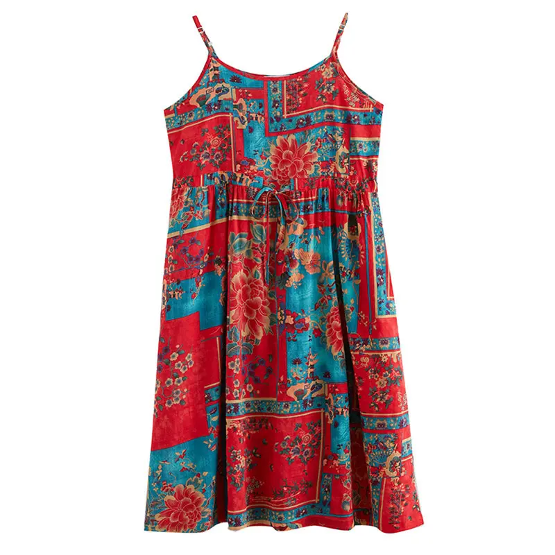 

Summer Women's Dress Vintage Print Strap Beach Dress Casual Loose Sleeveless Elegant Office Ladies Dresses