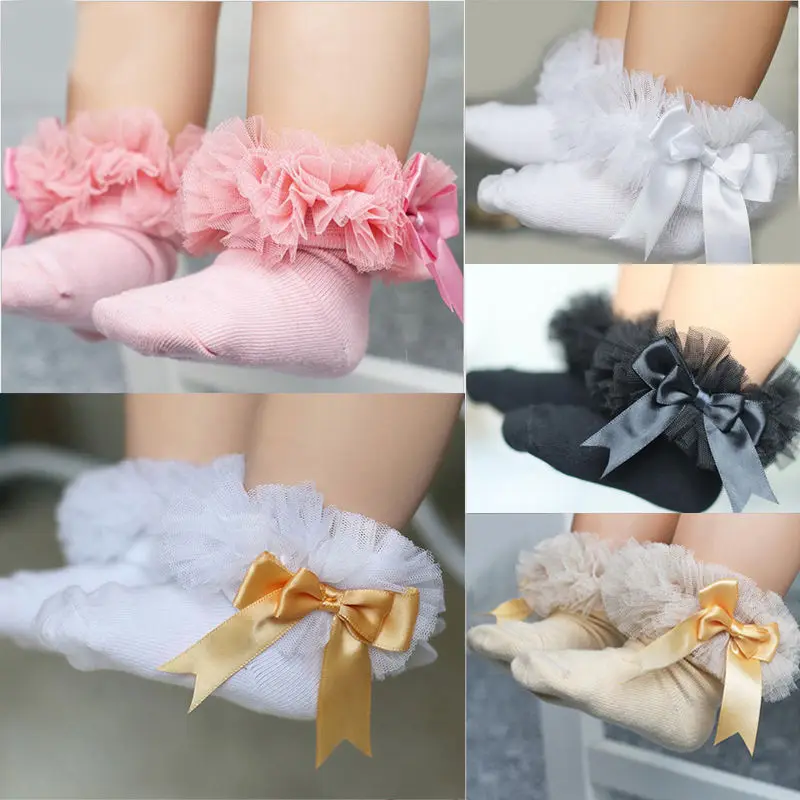 

Носки для новорожденных девочек 0-6 лет, детские носки принцессы с бантом, кружевные носки с рюшами и рюшами, аксессуары для девочек