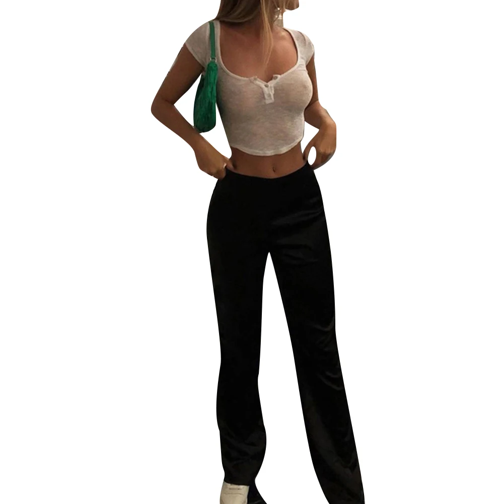 

Women Sexy Transparent T-shirts Crop Top New Fashion V Neck Buttons Summer Short Sleeve Short Pullover Tee Shirts