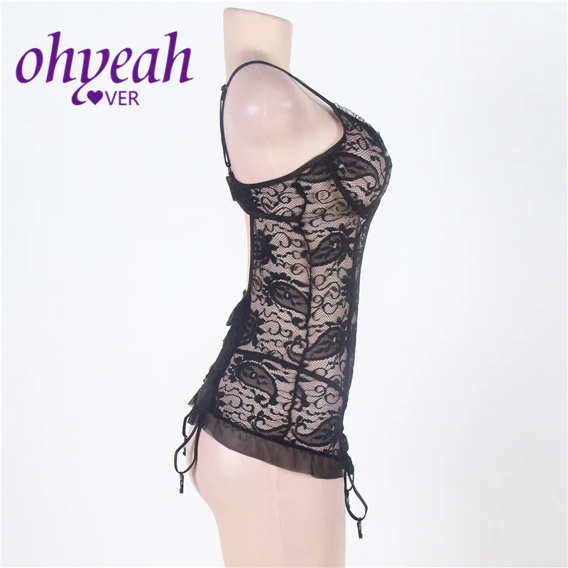 Ohyeahlover кружево Porno Плюс Размер 6XL подвязка Femme Babydoll без кроп черная Цветочная сетка Chemish сексуальное женское белье RM7296