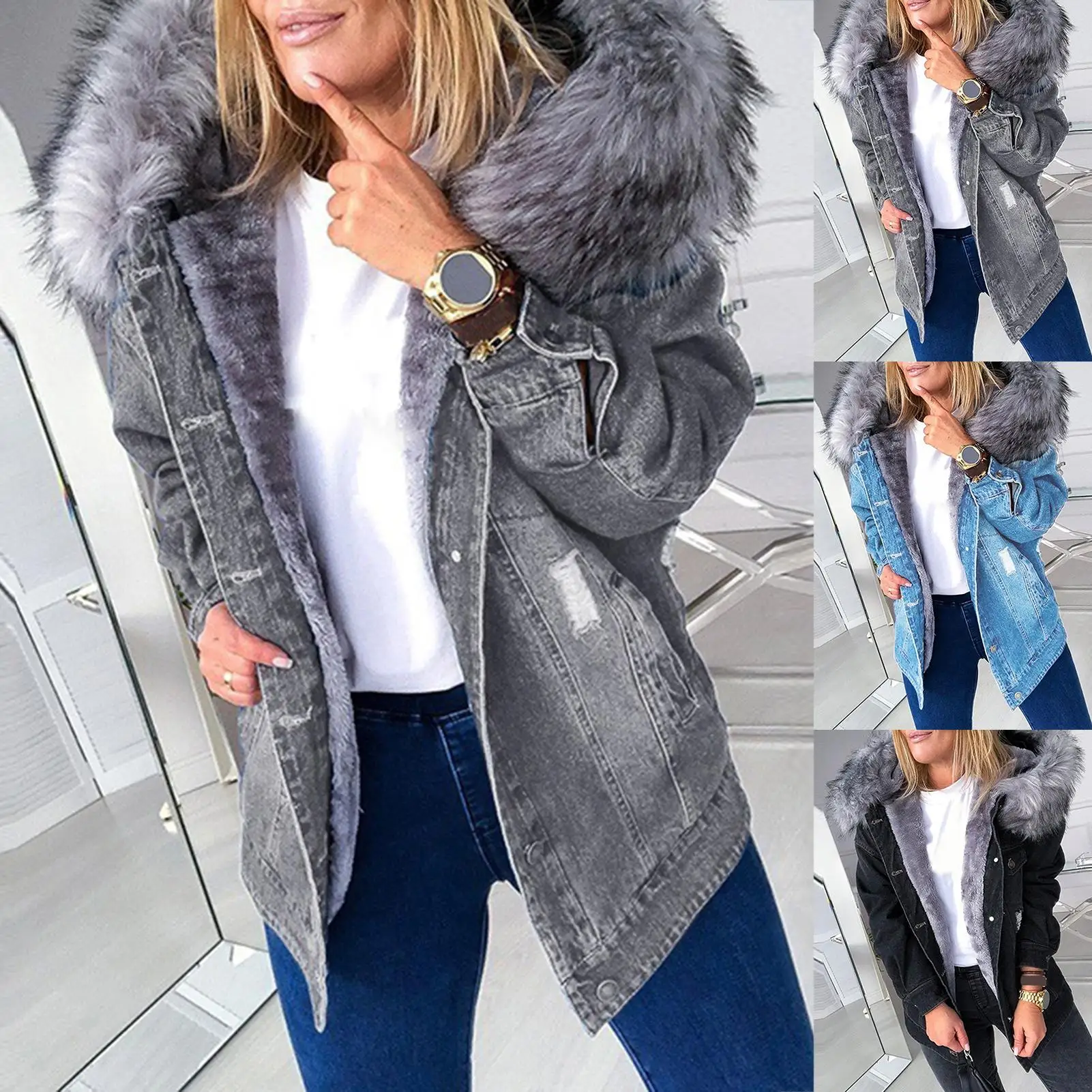 

Winter Women Long Sleeve Faux Fur Hood Plush Jacket Ripped Buttons Denim Coat