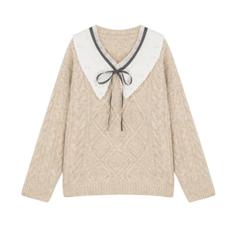 

Pullover Women's Vintage Linen Flower Color 2020 New Style for Autumn and Winter Loose V-neck Sweater Top