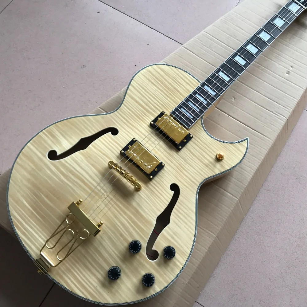

Custom F электрическая гитара jazz с полым корпусом, double Tiger Flame top, золотистая фурнитура jazz gitaar. Стандартная джазовая гитара на заказ