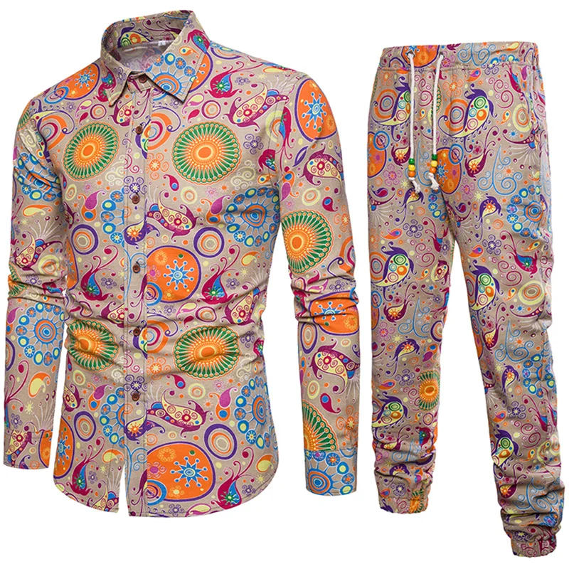 

2020 Spring and Autumn Fashion New Men's Casual Long Sleeve Flower Shirt Set / Male Elastic Waist Beach Holiday Trousers Pants