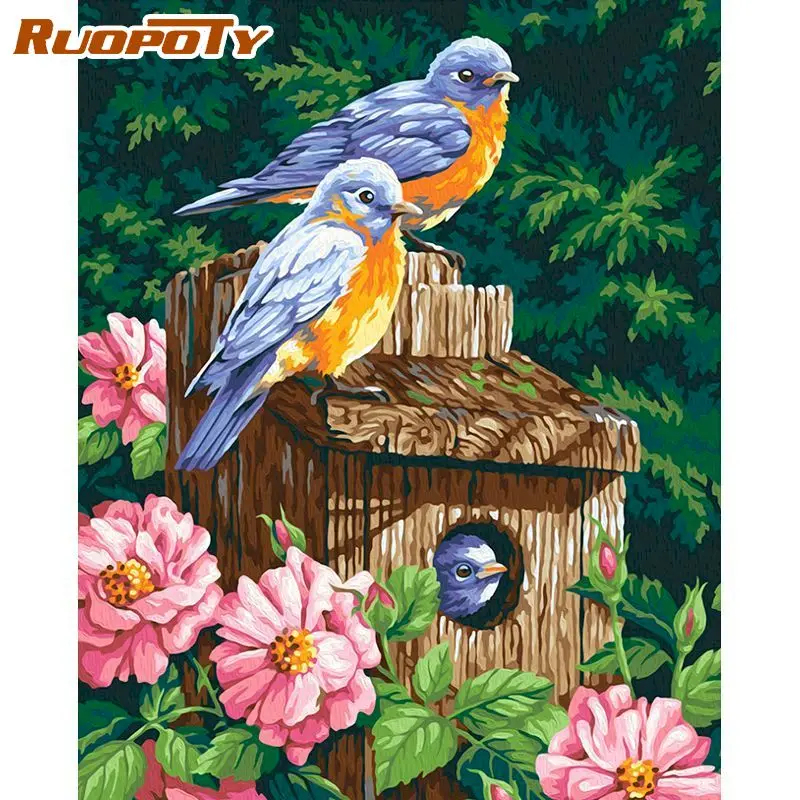 

RUOPOTY 60x75cm DIY Oil Painting By Numbers Flowers and bird Frameless Paint on canvas for adults children home Decor Gift