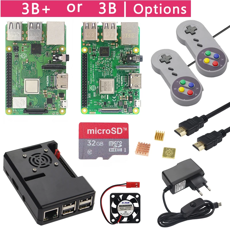 Raspberry Pi 3 Model B+ плюс игровой стартовый комплект+ sd-карта 16G 32G+ геймпад+ чехол+ вентилятор+ мощность+ радиатор+ кабель HDMI для RetroPie
