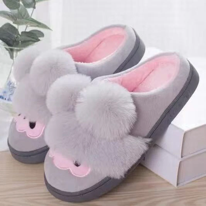 Женские тапочки с меховым помпоном пушистые домашние флисовой подкладкой