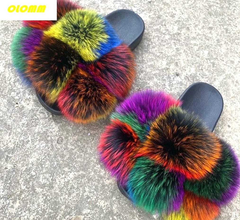 

Wholesale Women Real Fox Fur Slides Home fluffy Flat Sandals Female Cute Fluffy House Shoes Woman raccoon fur slides