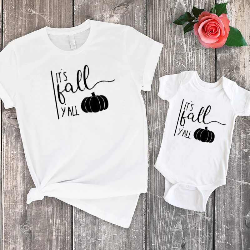 

It's Fall Y'all Shirt Autumn Family Clothing Letter Tshirt Halloween Mother and Daughter Clothes Thanksgiving 2021 Pumpkins