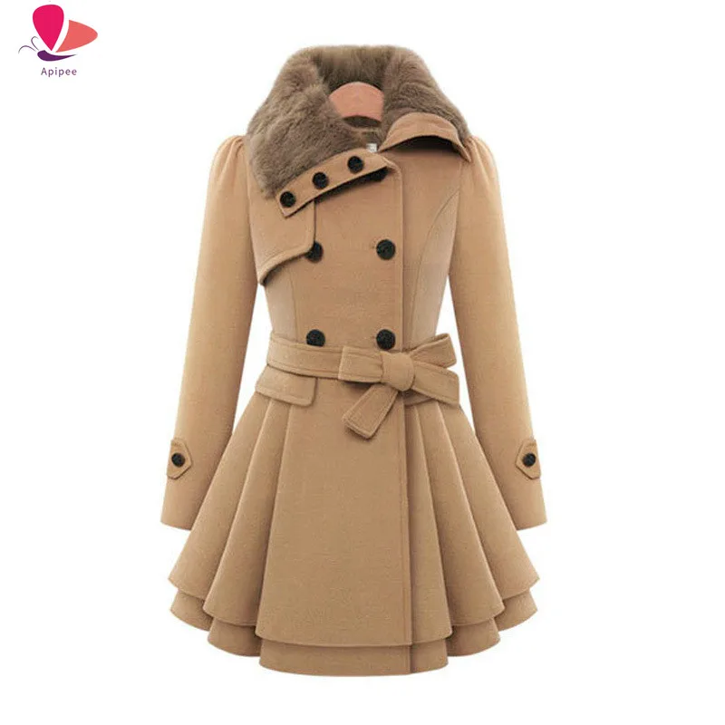 

Spring Winter New Women Oversized Swing Double Breasted Pea Coat Buttons Wool Mid-Long Trench Coat With Belt Coat Women Jackets