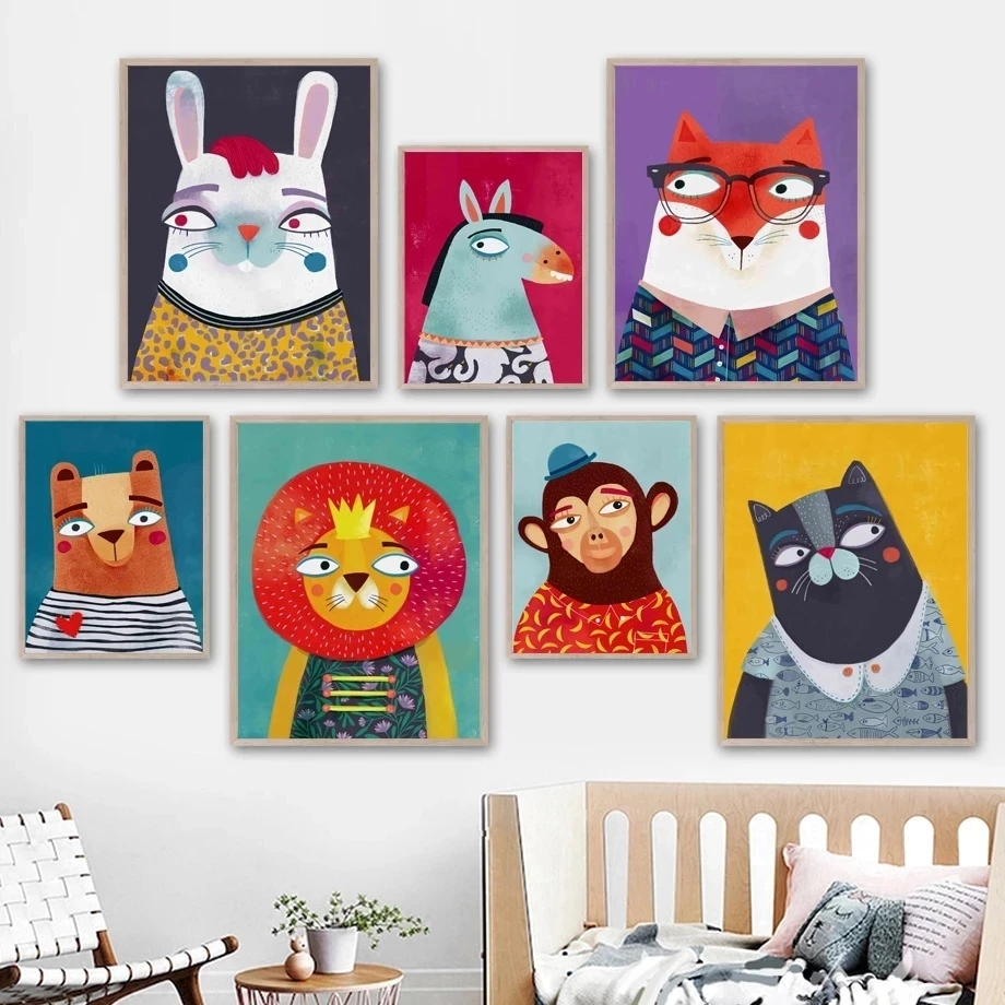 

Painting Owl Fox Rabbit Deer Bear Elk Cow Lemur Wall Art Printed Poster Modular Canvas Home Decoration Pictures For Living Room