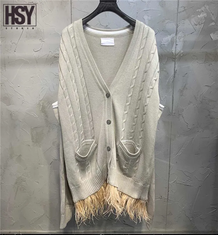 【HSY studo】2019 новый осенний женский топ вязаный с перьями длинным рукавом или без