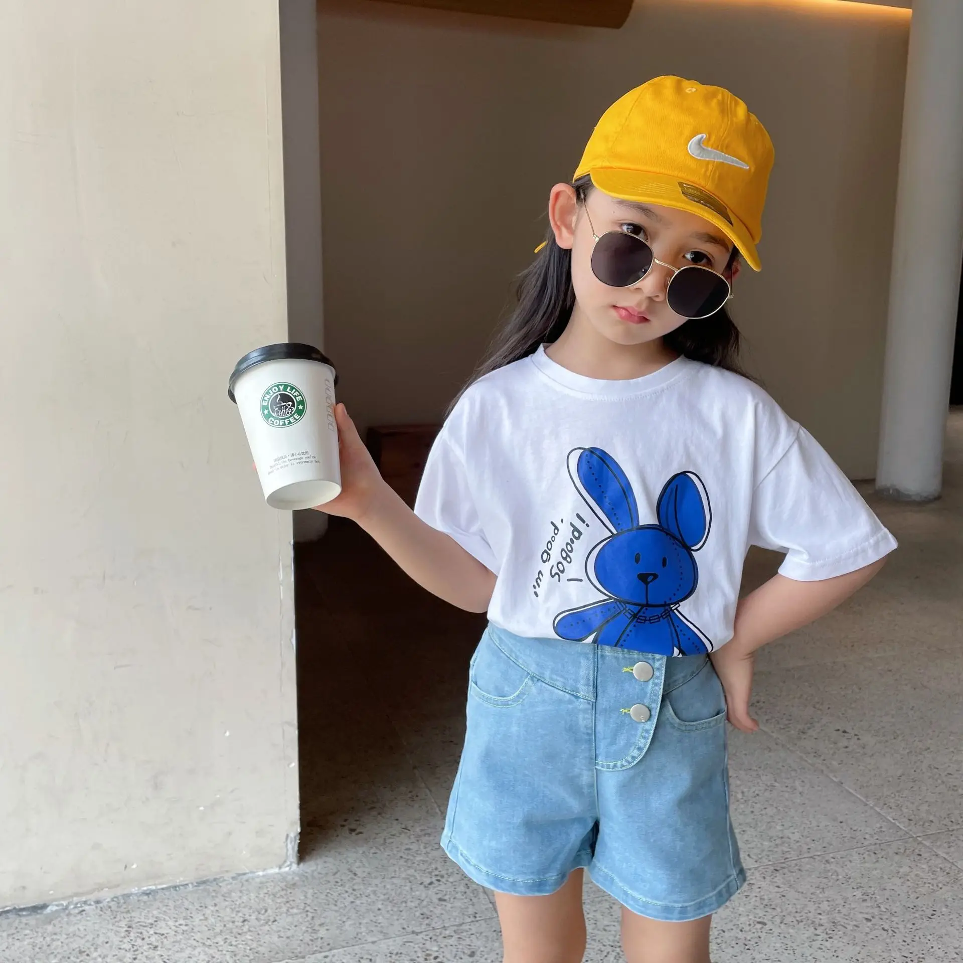 

2021 Summer New Girl Cartoon Rabbit Print Short-sleeved T-shirt Kids Korean Top Tees Baby Clothes Kids Casual Cotton T Shirt